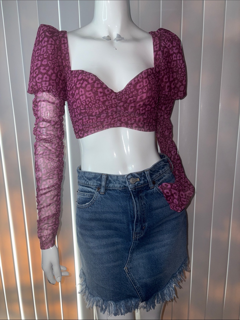 Oh Polly Catwalk Leopard Print Puff Shoulder Mesh Crop Top Purple Magenta US 4